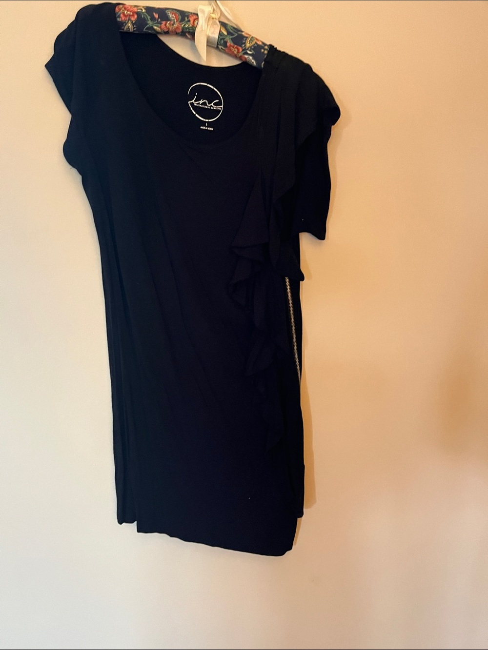 INC International Concepts Black Short Sleeve Ruffle Front Top